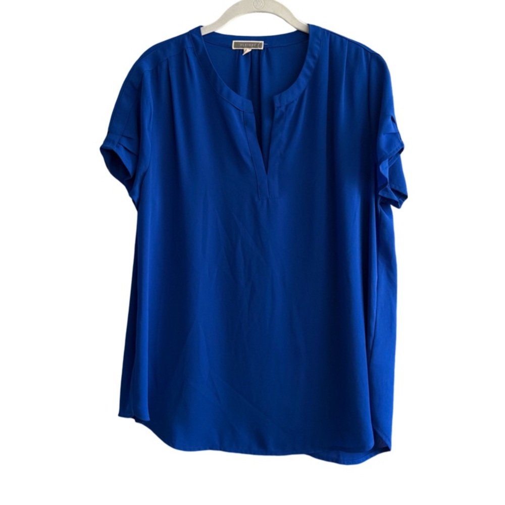 Pleione Short Sleeve Blouse Split Neck Relaxed Fit Blue Size M